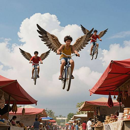 Photograph of three boys with angel wings flying on bicycles above a bustling outdoor market with red umbrellas and cloudy blue sky.