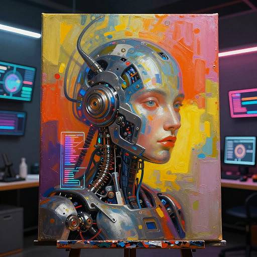 Digital painting of a robotic human head with vibrant yellow, orange, and pink background. Cybernetic features, colorful abstract style. Displayed in a