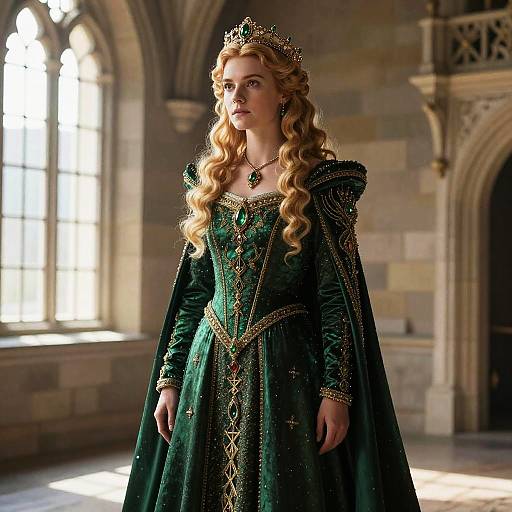 Photograph of a regal blonde woman with long curls, wearing a green, glittering medieval gown, crown, and cape, standing in a sun
