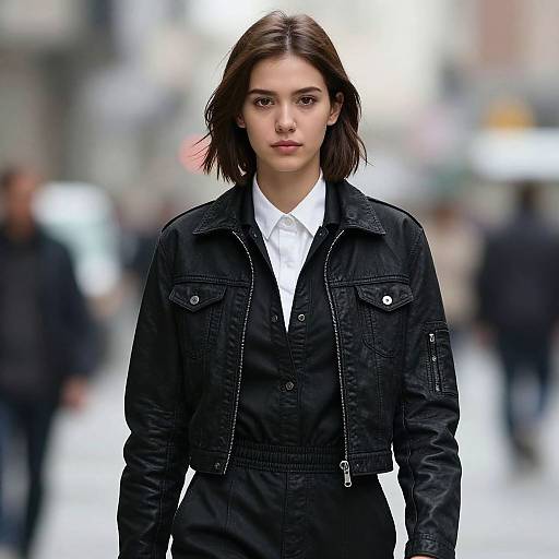 Photograph of a young woman with straight brown hair, wearing a black jacket over a white shirt, standing on a blurred urban street.