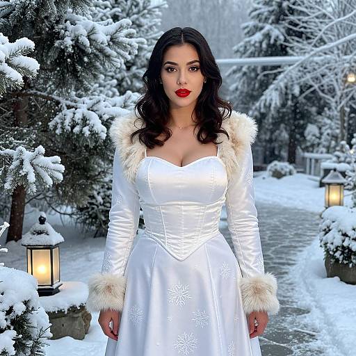 Photograph of a fair-skinned woman with dark wavy hair, red lipstick, wearing a white fur-trimmed snowflake-patterned dress,