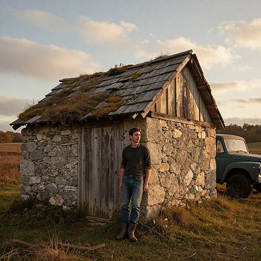 Photograph of a man in a black shirt and jeans leaning against a rustic stone cottage with a moss-covered roof, beside an old green truck, at