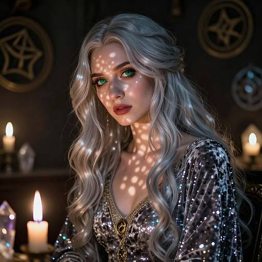 Digital painting of a fair-skinned woman with long, wavy silver hair, green eyes, and sparkling dress, illuminated by candlelight in a dark