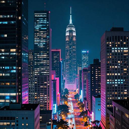 Photograph of a vibrant, neon-lit cityscape at night, featuring the illuminated Empire State Building surrounded by glowing skyscrapers and colorful streetlights