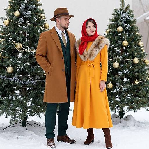Photograph of a Caucasian man in a brown coat and hat, and a South Asian woman in a yellow coat with red scarf, standing in front of