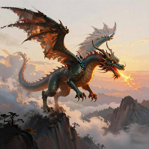 Digital fantasy artwork of a fierce, blue-scaled dragon with glowing red eyes and large, fiery wings soaring above a misty mountain peak at sunset.