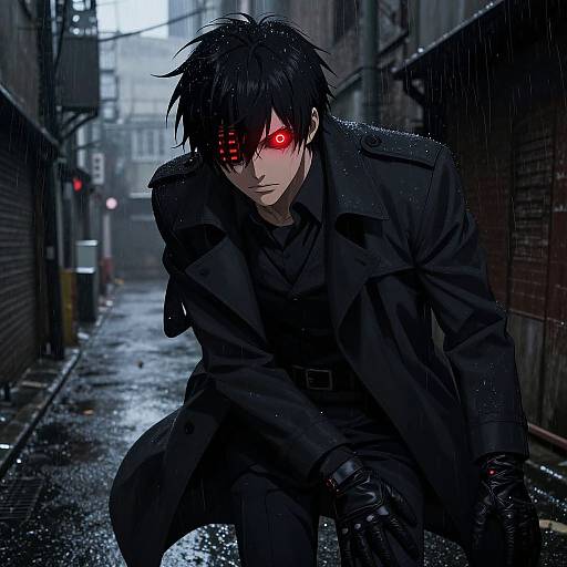 Cyberpunk Anime Man in Rainy Alley