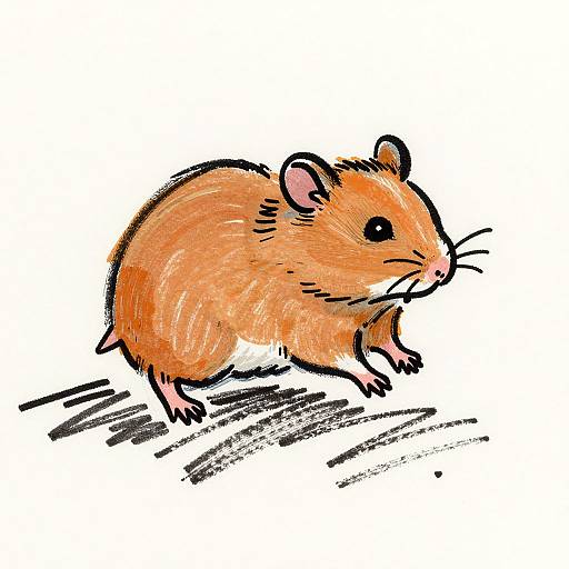 Colorful sketch of a chubby, orange-brown hamster with black eyes, small ears, and pink feet, standing on black shadow lines.