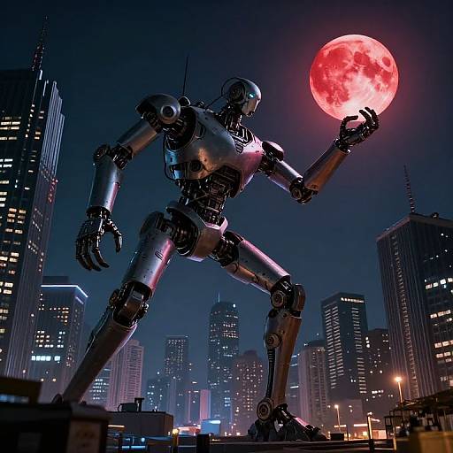 Photorealistic digital art: metallic robot with glowing red eyes and outstretched arm, holding a luminous red full moon, standing in a dark
