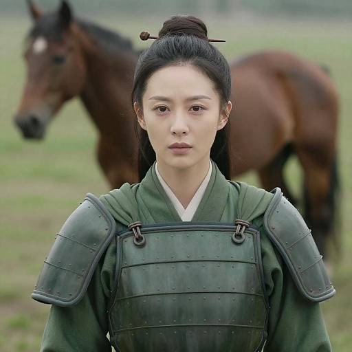 Focused Asian Warrior in Green Armor