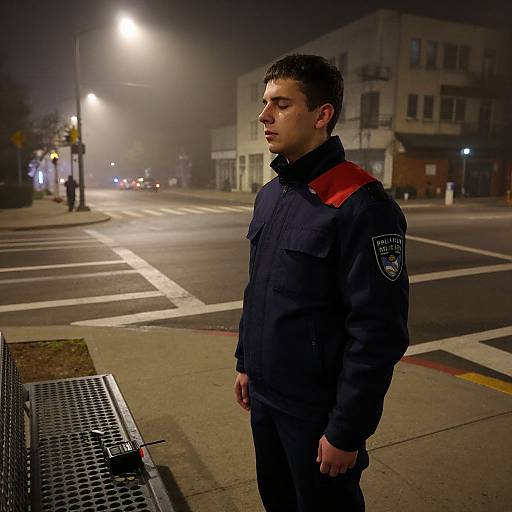 Photograph of a young male police officer in dark uniform with red shoulder accents, standing at a foggy nighttime intersection.