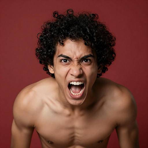 Fierce Shirtless Man on Red Background