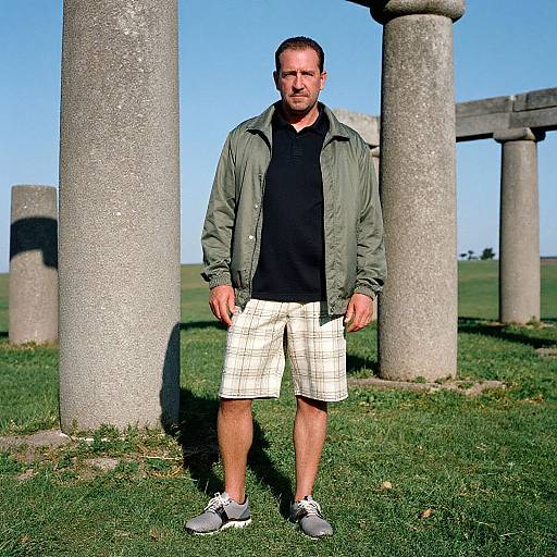 Man in Golf Attire Among Ancient Pillars