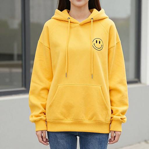 Photograph of a person wearing a bright yellow hoodie with a black smiley face logo, front pocket, and black drawstrings, paired with blue jeans
