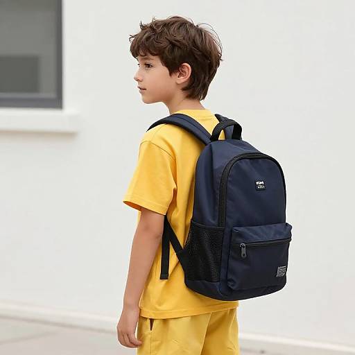 Photograph of a young boy with short brown hair, wearing a yellow shirt and pants, and a navy backpack, standing against a white background.