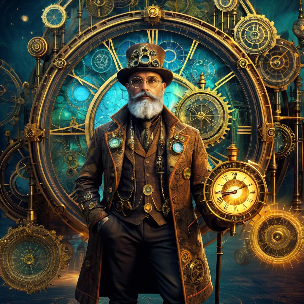 Enigmatic Steampunk Inventor in Surreal Landscape