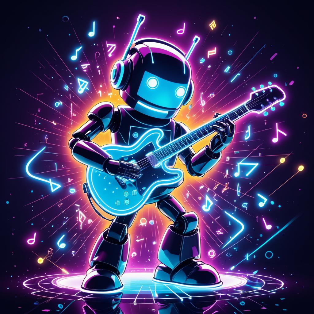 Robot Guitarist with Neon Musical Notes