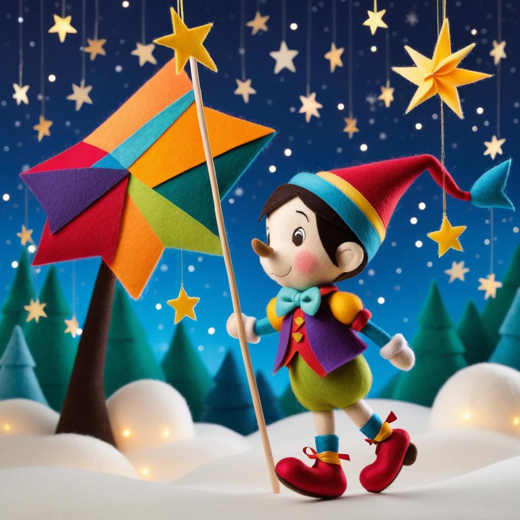 Whimsical Felt Pinocchio Under Starlit Sky