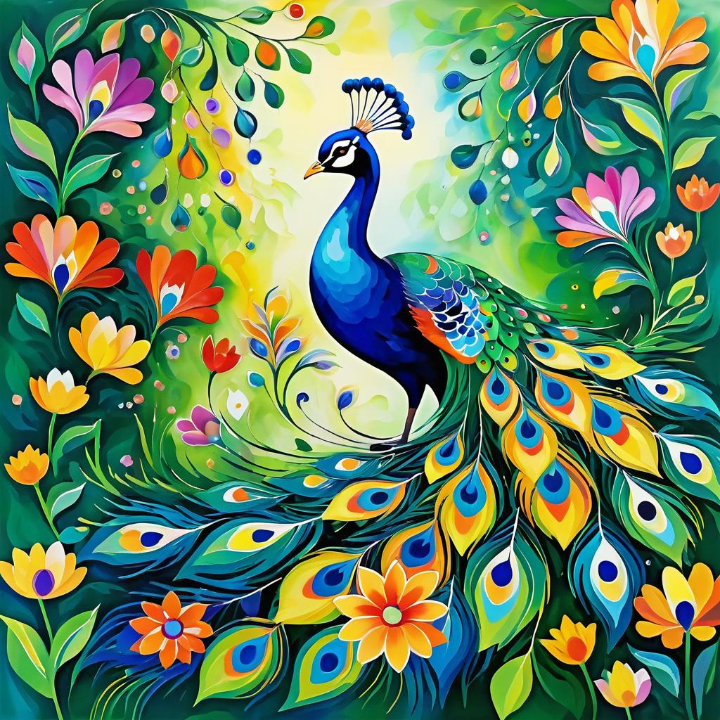 Vibrant Peacock in a Colorful Garden