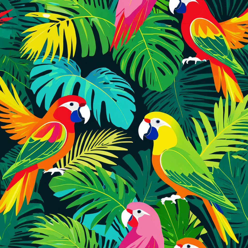 Vibrant Parrots Amid Tropical Palm Leaves