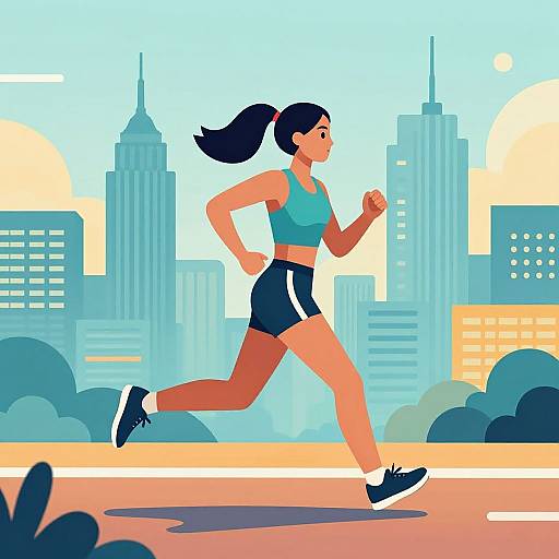 Digital illustration of a fit, tan-skinned woman with black hair in a ponytail, running in a cityscape with blue skyscrapers, wearing