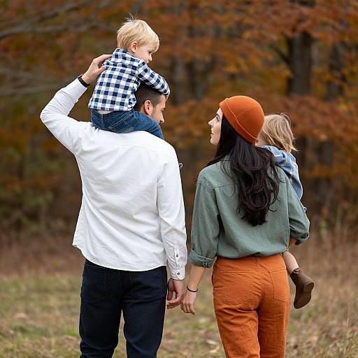 Photograph of a family in autumn forest: man in white shirt carrying blonde child in checkered shirt, woman in green shirt, orange pants, and