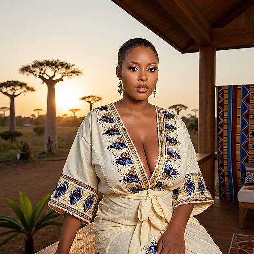 Photograph of a beautiful African woman with dark skin, medium build, wearing a deep V-neck, embroidered white blouse, and yellow sash, standing