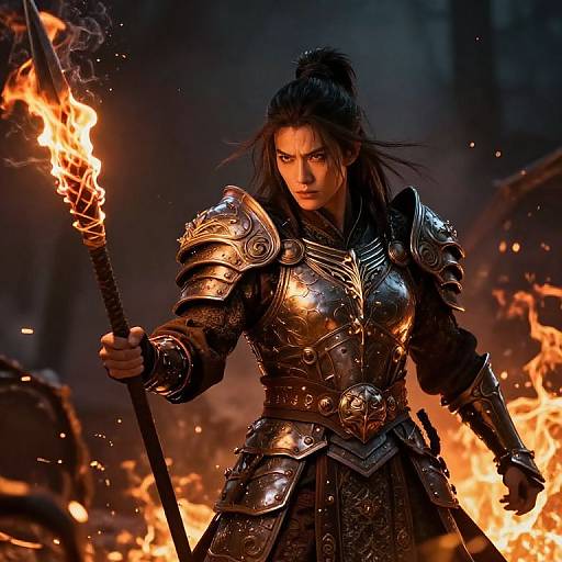 CGI image of a fierce, dark-haired warrior in ornate, silver armor holding a flaming torch, standing amidst intense, blazing fire.