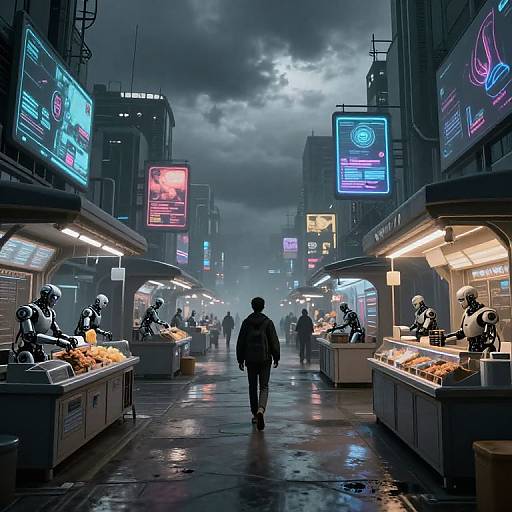 Neon-lit, rainy, futuristic street market with glowing signs, robotic vendors, and a lone figure walking down a wet, reflective path.