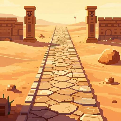 Pixel art of a sunlit desert pathway leading to two tall, stone pillars, with a bright, yellow-orange sky and scattered rocks.