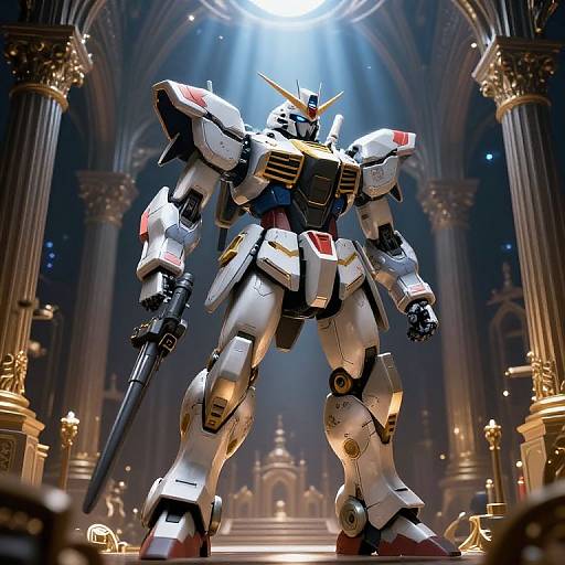CGI image of a towering white and red mecha robot with a sword, standing in a grand, illuminated, cathedral-like hall.