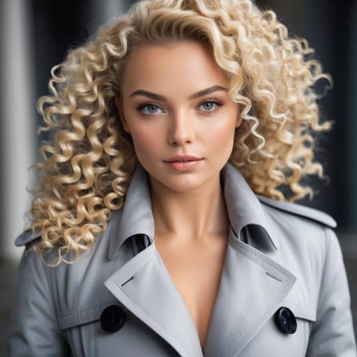Portrait of Woman with Curly Blonde Hair in Grey Trench Coat
