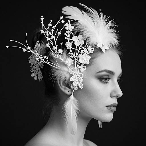 Black-and-white photograph of a woman in profile, adorned with delicate floral and feather headpiece, set against a dark background.