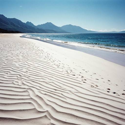 Dreamy Surreal Beach with Blue Mountains