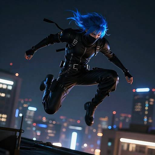 Cyberpunk Ninja Leaping Across Rooftops