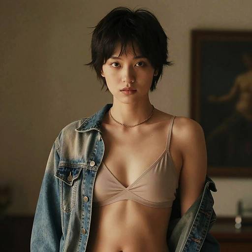 Photograph of an Asian woman with short black hair, wearing a beige bra and denim jacket, standing indoors, looking forward.