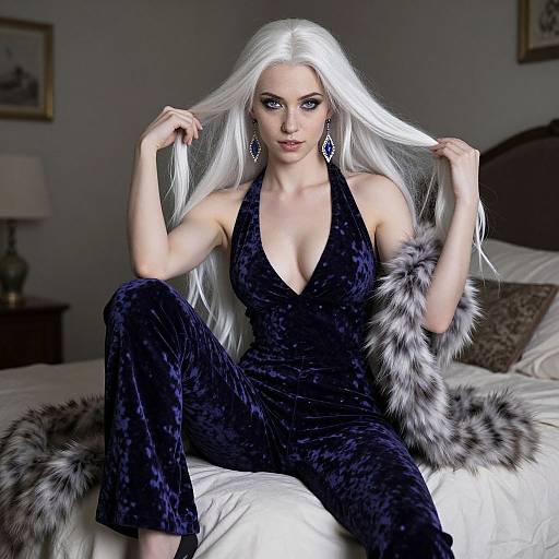 Photorealistic CGI of a white-haired woman in a deep blue velvet halter dress, draped in a fur stole, sitting on a bed in a