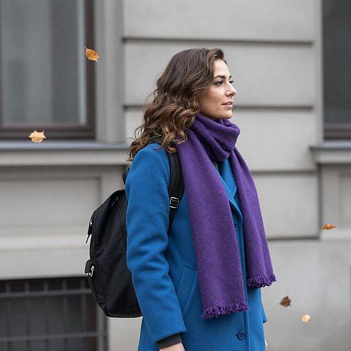 Woman in Blue Coat and Purple Scarf Outdoors