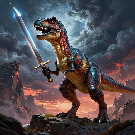 Photorealistic CGI of a fierce, glowing-red, scaly T-Rex wielding a bright blue sword on rocky terrain at sunset, under dramatic,