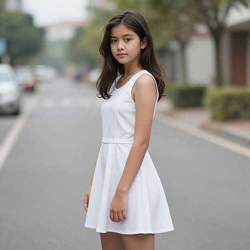 Photograph of a young Asian girl with long black hair, wearing a white sleeveless dress, standing on a blurred suburban street.