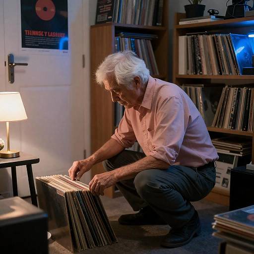 Crouching Elder in Dimly Lit Room