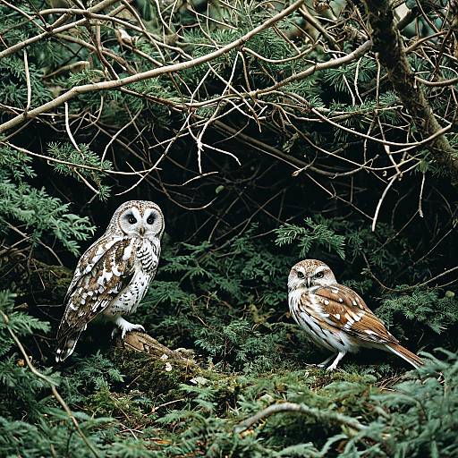 Camouflaged Owls in Dense Forest
