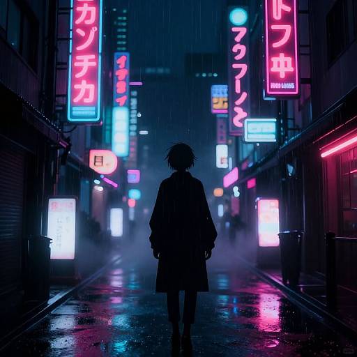 Cyberpunk night scene: Silhouetted figure in rain-soaked alley, neon Japanese signs glowing pink, blue, and white. Dark,
