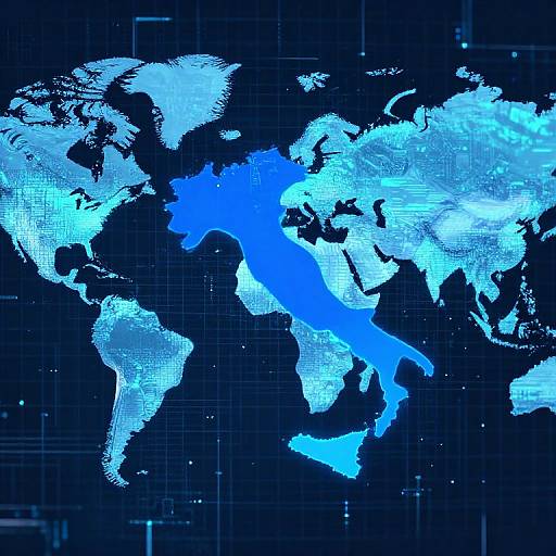 Digital map of the world in bright blue and black, with grid lines and stars, highlighting continents in a high-tech style.