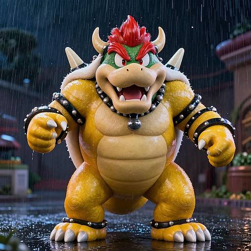 CGI image of Bowser from Mario series, standing in rainy night, yellow and green shell, red mohawk, black spiked armbands,