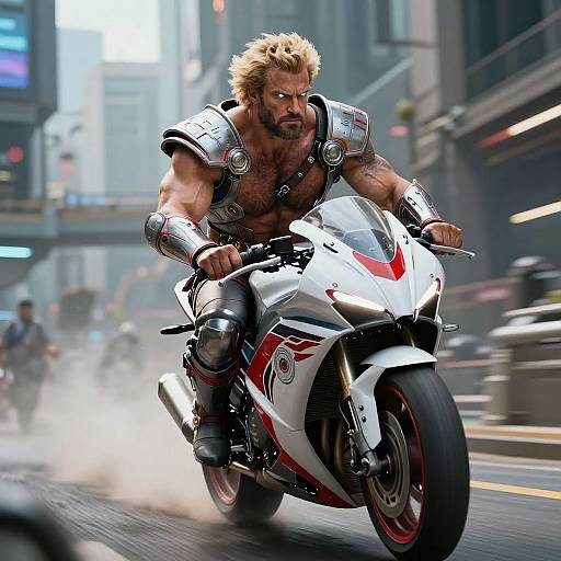 Muscular, blonde-haired man with fierce expression, wearing metallic armor and leather, rides a white and red sport motorcycle through a bustling, foggy city