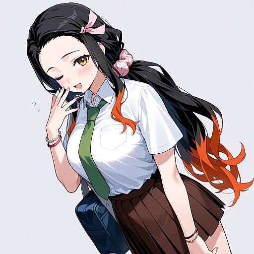 Anime Schoolgirl with Two-Tone Hair and Green Necktie