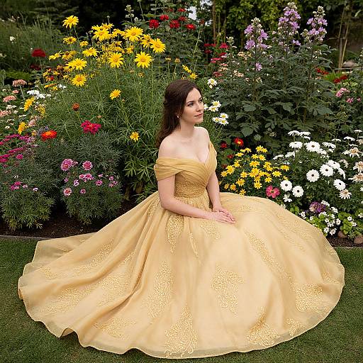 Woman in Golden Ballgown in Garden