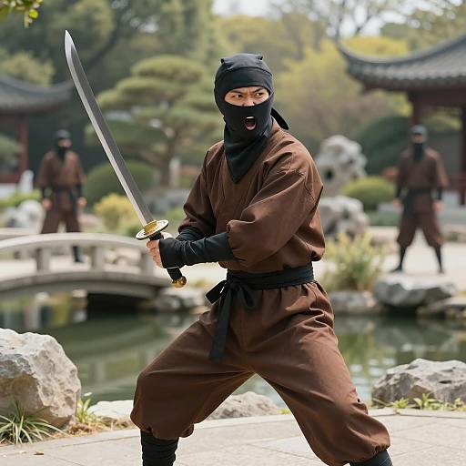 Dynamic Ninja in Vibrant Garden Setting