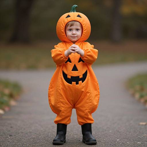 Child in Pumpkin Costume Outdoors